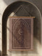 A large, luxurious tapestry in muted mauve and brown, featuring a Gothic arch design. In the center, a crescent moon holds an All-Seeing Eye that radiates light. The design is filled with intricate patterns like quatrefoils and stars, creating a mystical, esoteric feel. The fabric has a subtle damask texture and is hung from wooden dowels. This piece is suitable as spiritual wall art, a witchy altar cloth, or dark academia decor, blending celestial and gothic aesthetics.